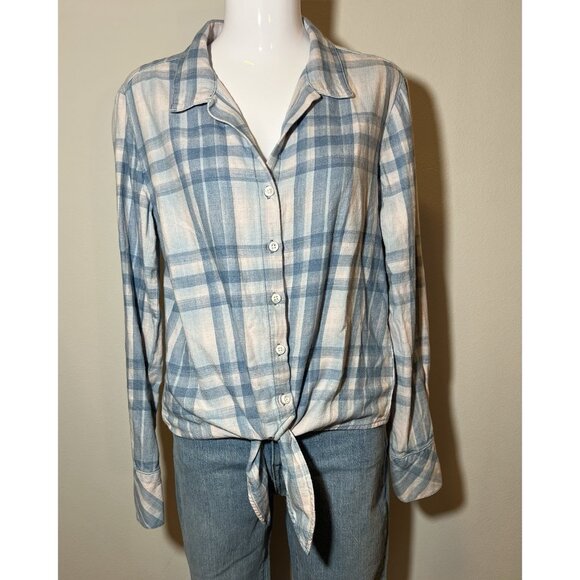 Anthropologie Cloth & Stone Women’s Blouse XS Blue Pink Plaid Tie-Front Crop - Picture 5 of 10